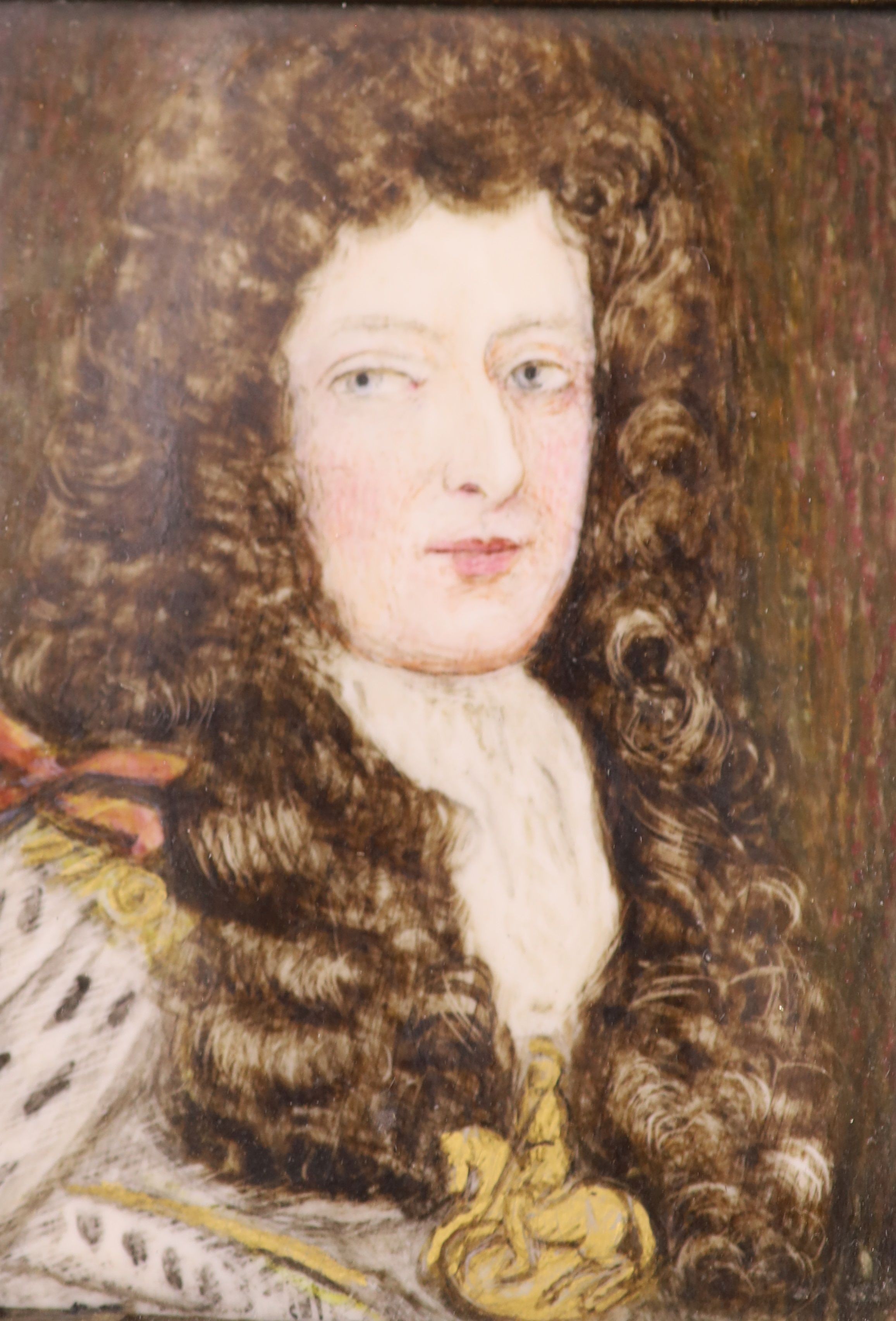 English school, circa 1900, oil on Ivory, portrait of a 17th-century gentleman, 7 x 5.5 cm.